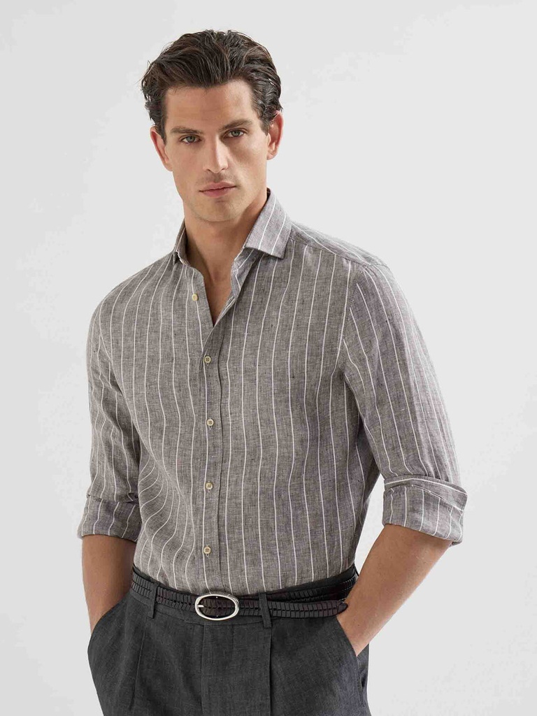 Chalk stripe linen easy fit shirt with spread collar