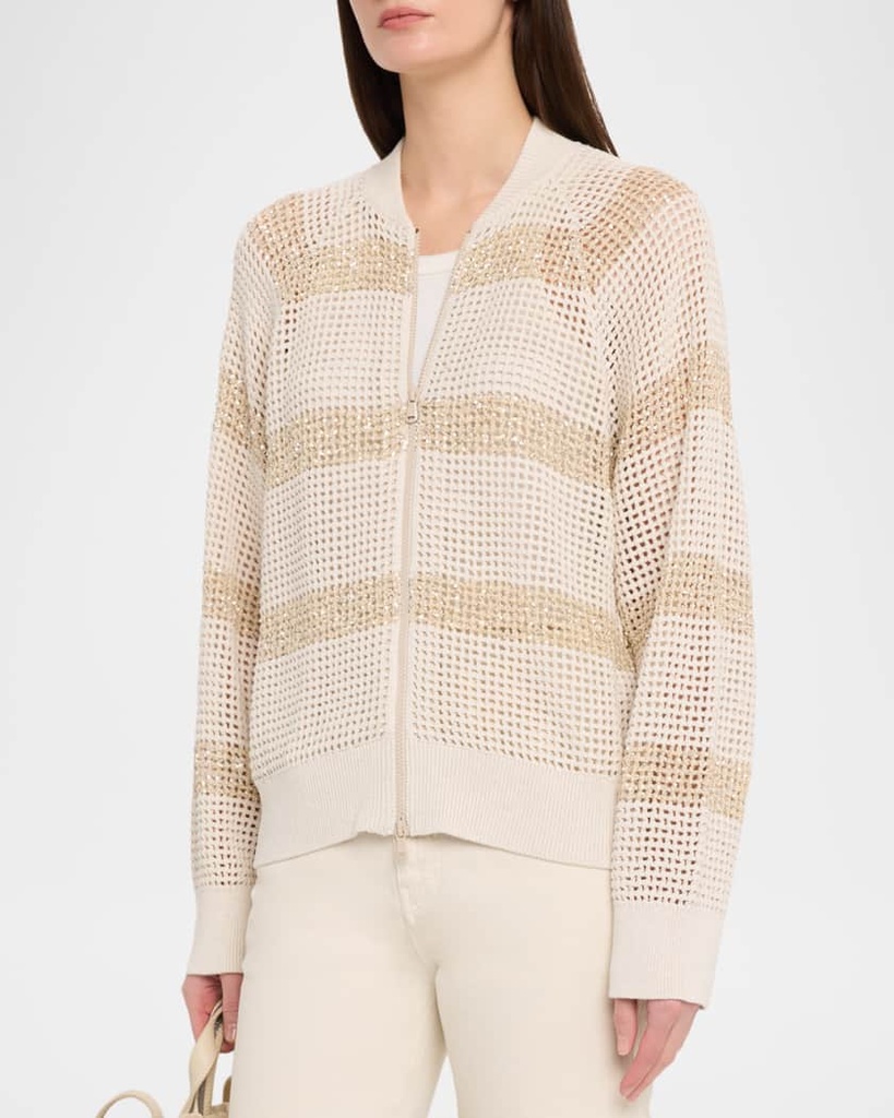 Cotton net cardigan with dazzling stripes