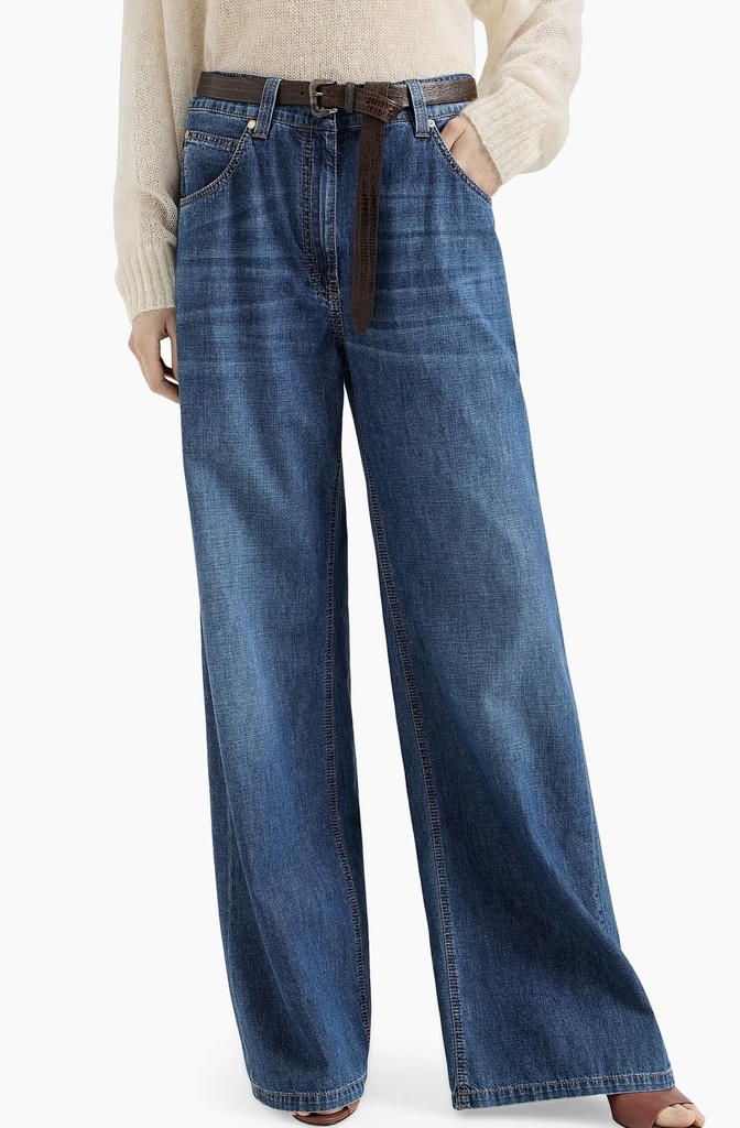Lightweight denim baggy trousers with monili