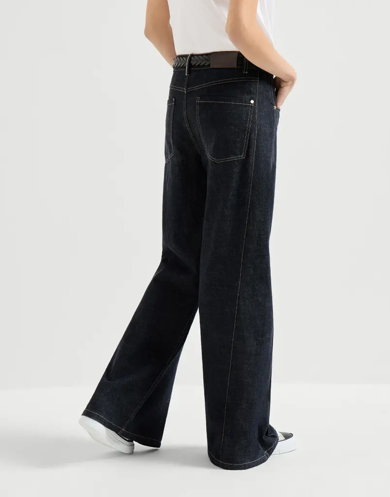 No-fade denim loose flared trousers with monili