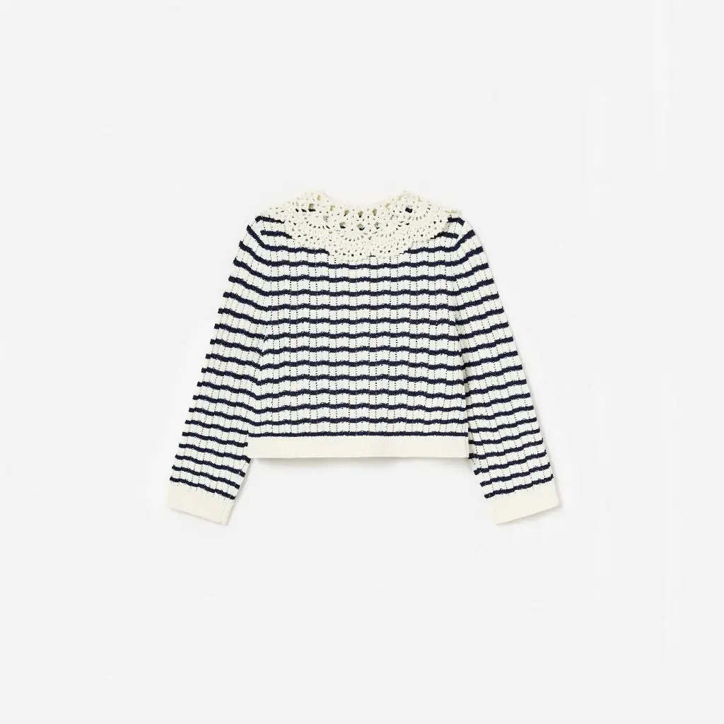 Cream And Navy Striped Knitted Cardigan