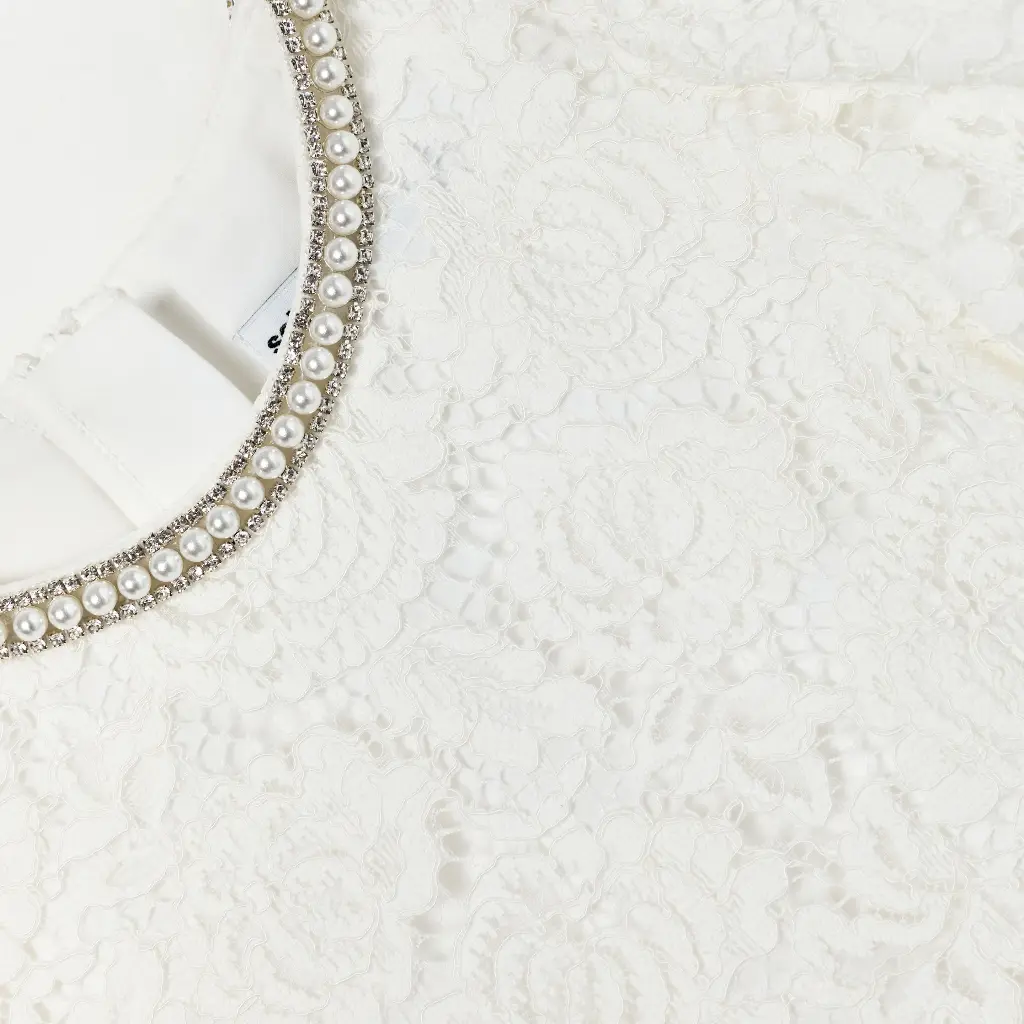 White Lace Pearl Trim Dress