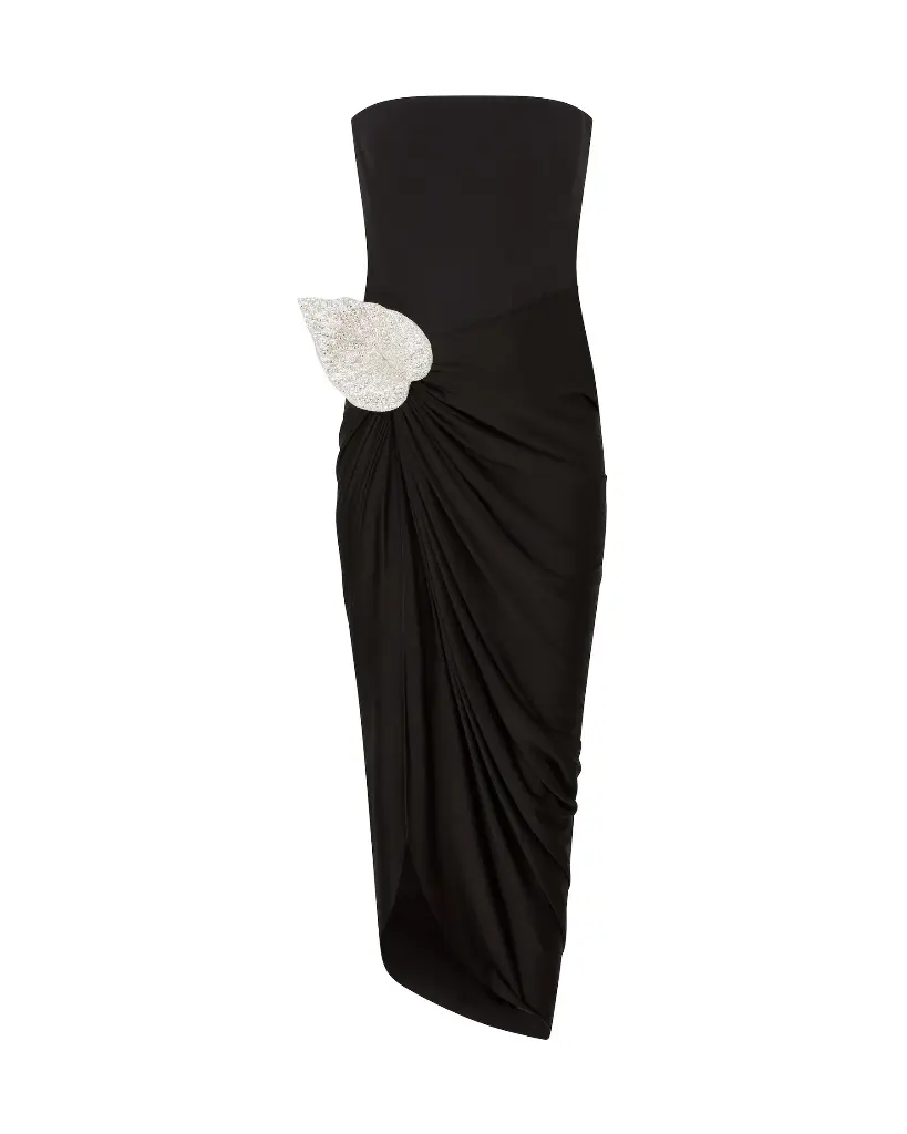 CRYSTAL LEAF AND DRAPED SKIRT CORSET DRESS