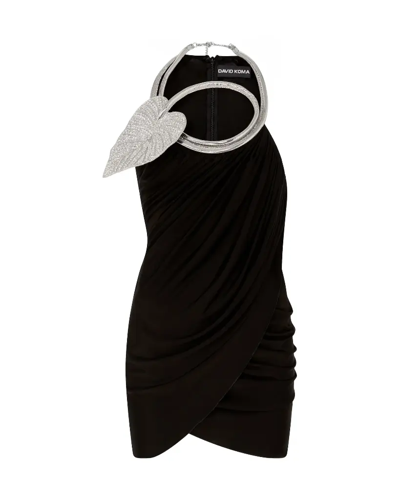 CRYSTAL LEAF NECKLINE MINI DRESS