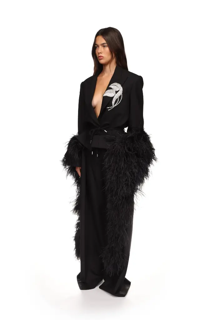 CRYSTAL LEAF TIE WAIST JACKET IN BLACK