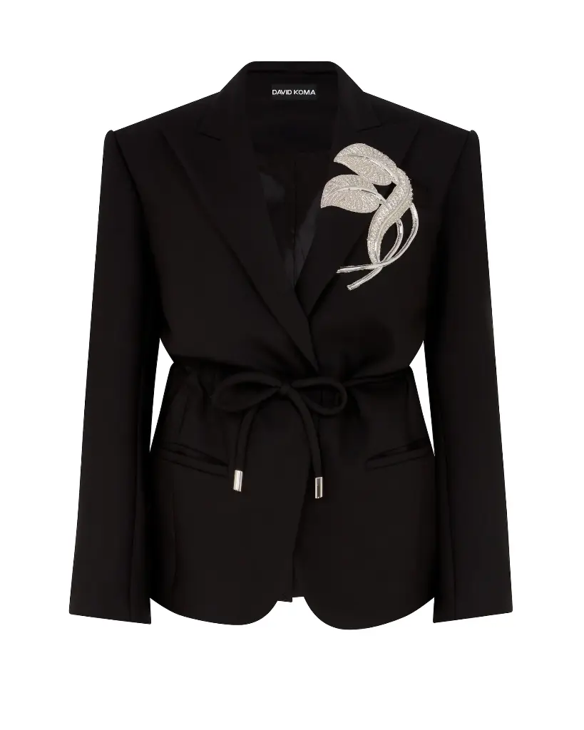 CRYSTAL LEAF TIE WAIST JACKET IN BLACK