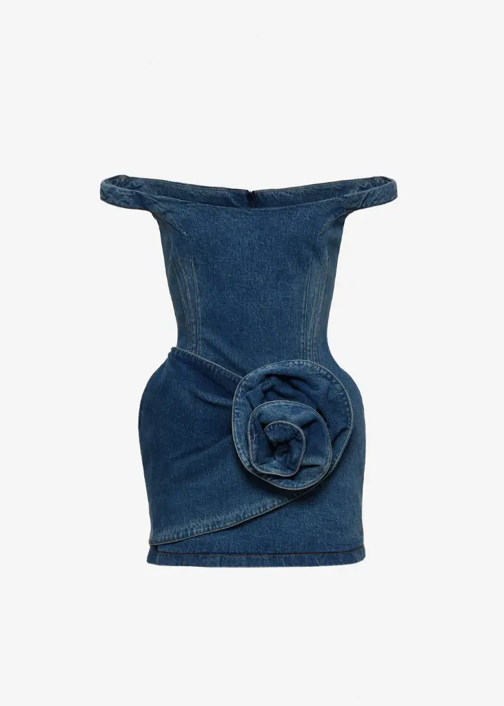 Off-Shoulder Denim Mini Dress with Sculpted Flower 
