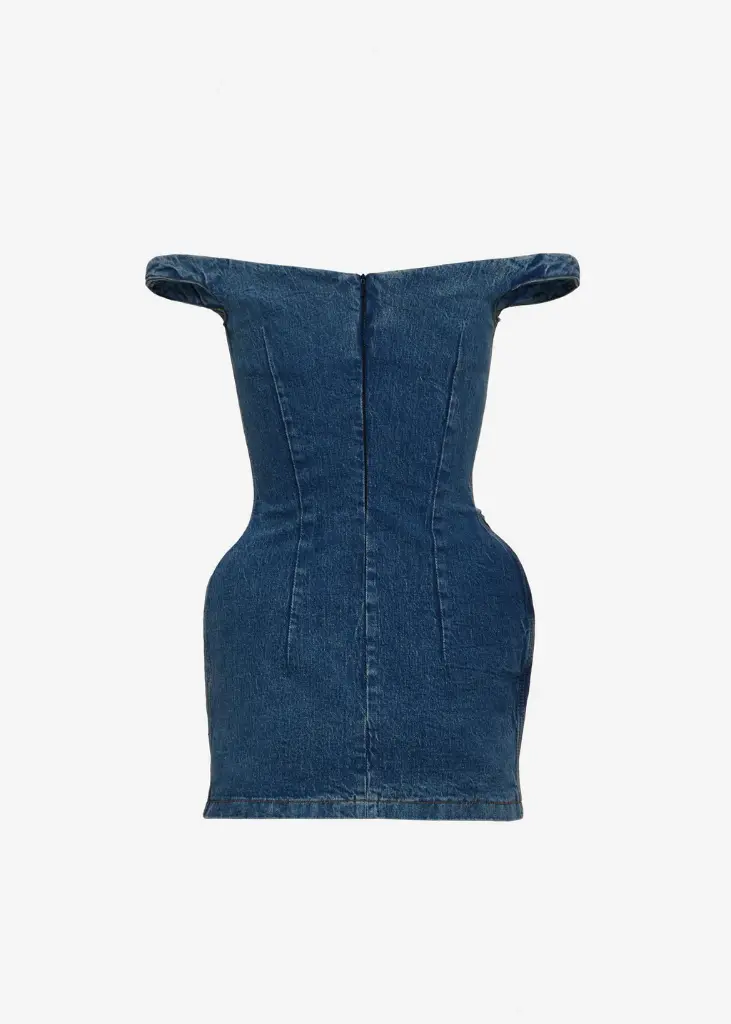 Off-Shoulder Denim Mini Dress with Sculpted Flower 