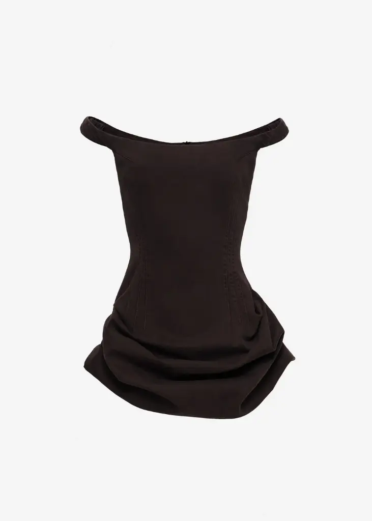 Off-Shoulder Fitted Denim Dini Dress in Brown