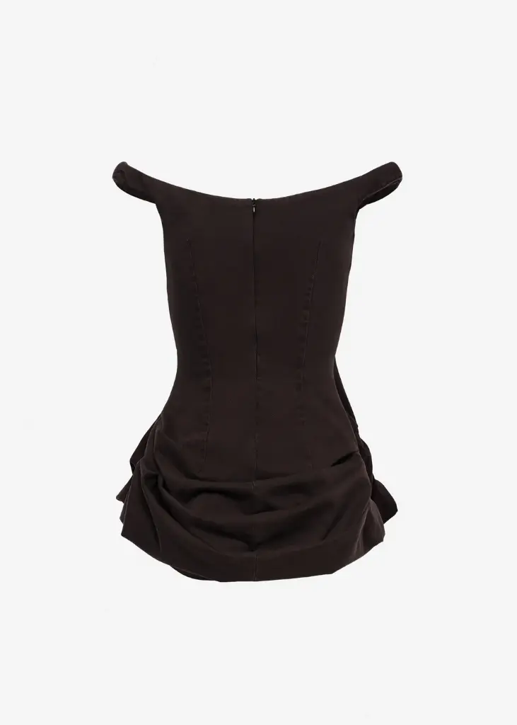Off-Shoulder Fitted Denim Dini Dress in Brown