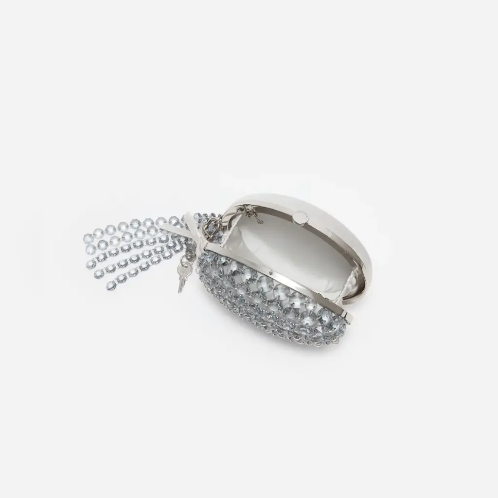 Grey Oval Crystal Chain Clutch Bag 
