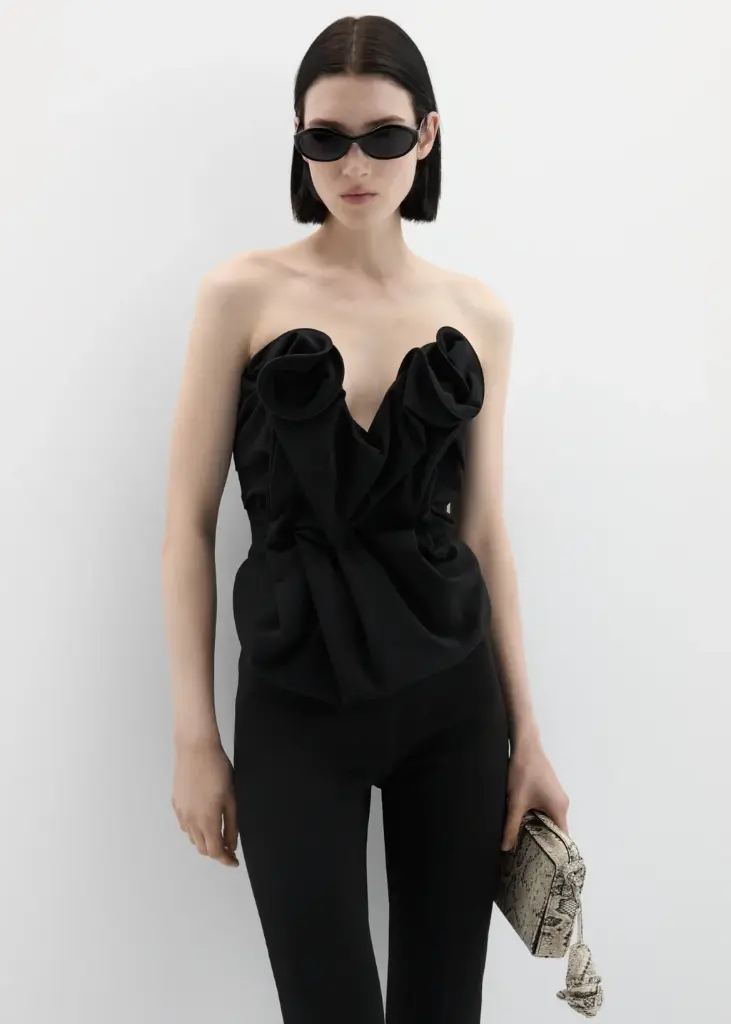 Draped Corset with Floral Detail in Black