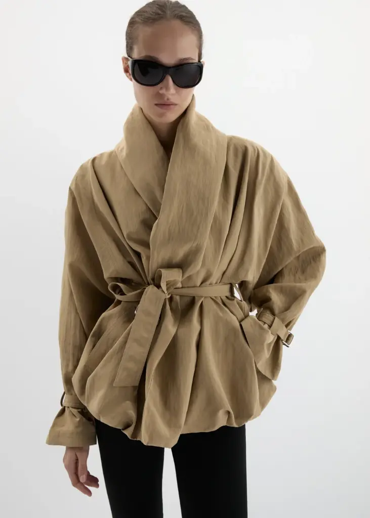 Draped Collar Viscose and Linen Jacket in Beige