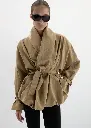 Draped Collar Viscose and Linen Jacket in Beige