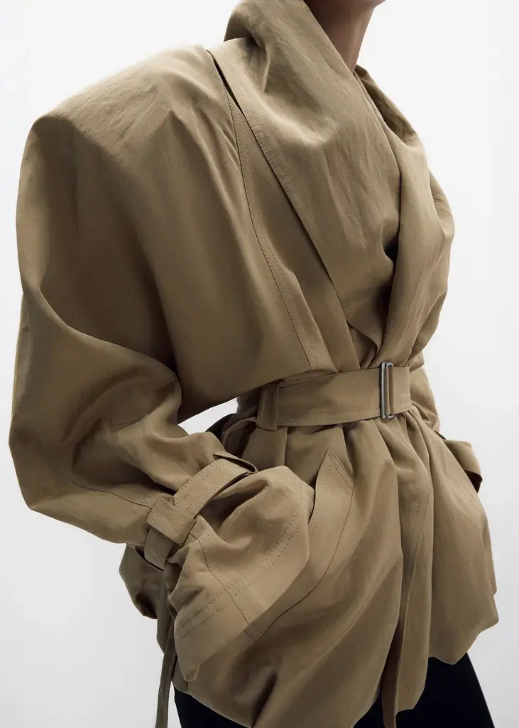 Draped Collar Viscose and Linen Jacket in Beige