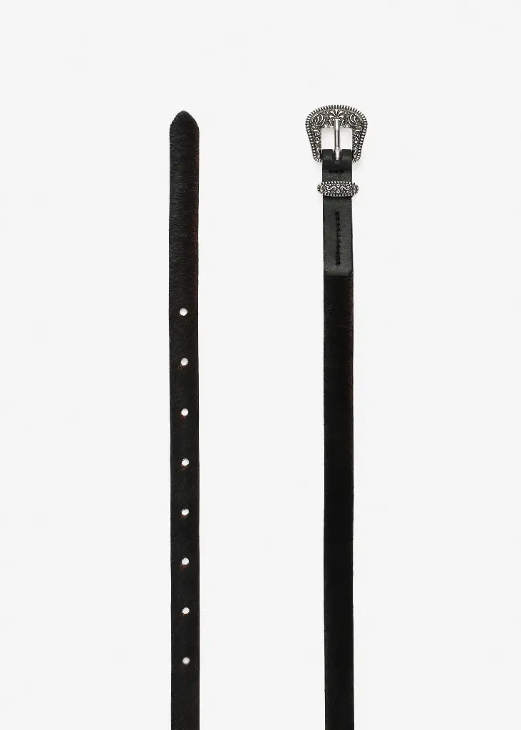 Pony Hair Leather Belt with Ornamental Buckle in Black