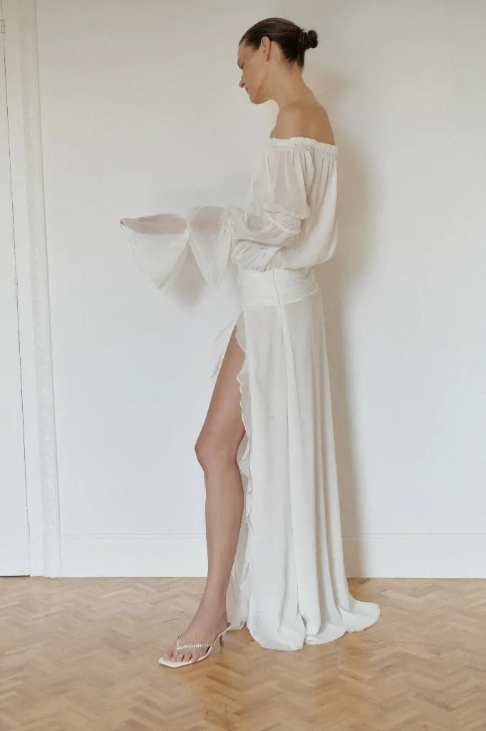 White Off Shoulder Chiffon Dress with Side Slit