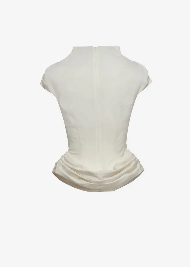 Fitted Draped Blouse with Stand Collar in Cream