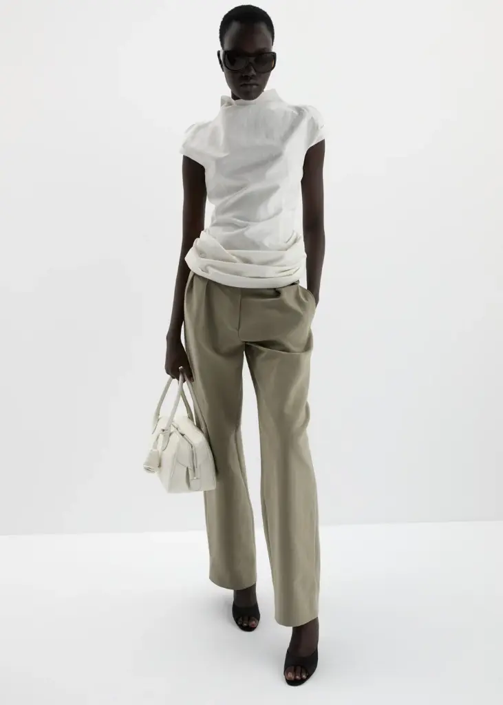 Fitted Draped Blouse with Stand Collar in Cream