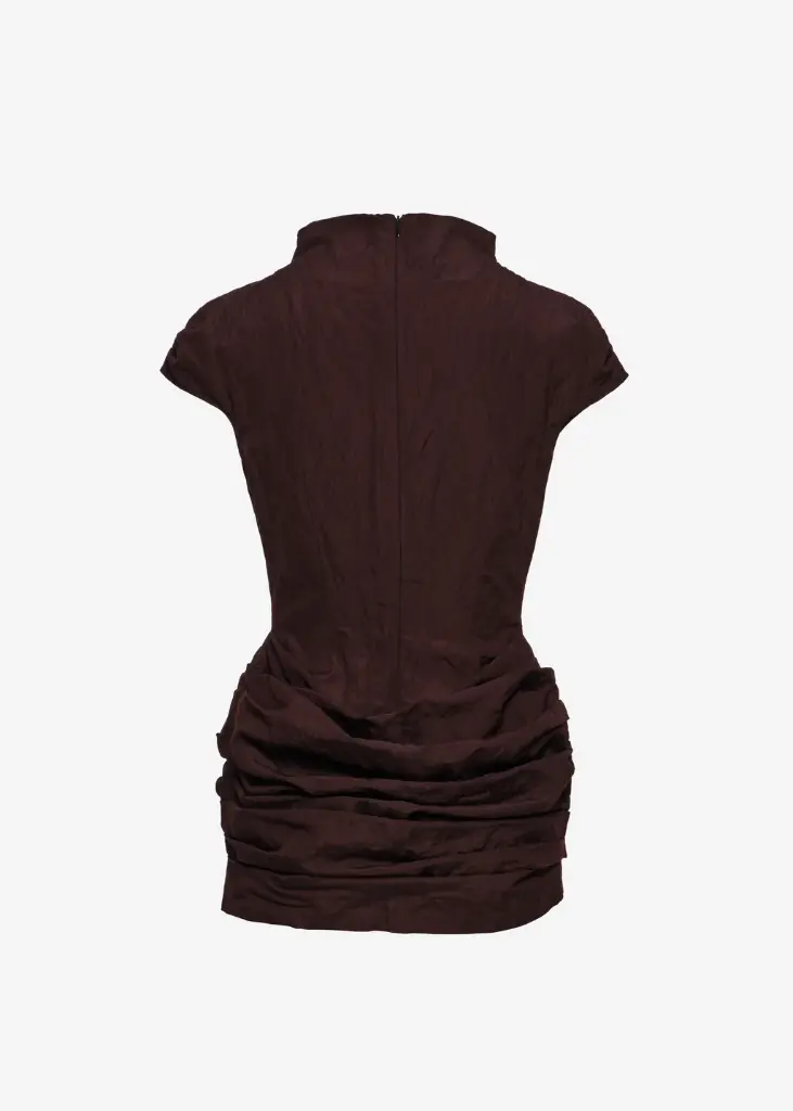 Fitted Draped Mini Dress with Stand Collar in Brown