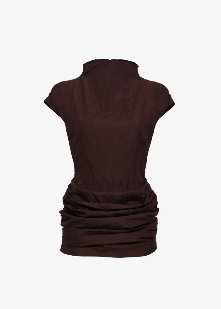 Fitted Draped Mini Dress with Stand Collar in Brown
