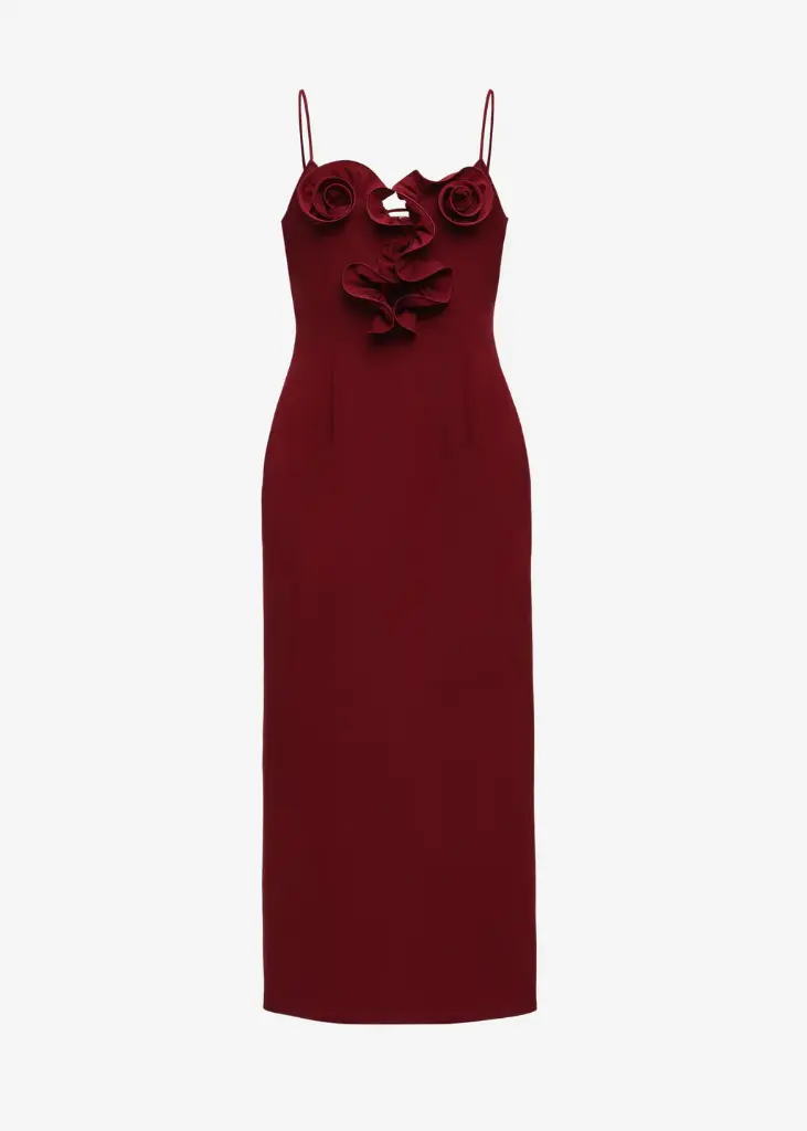 Cotton and Silk Flower Detail Midi Beach Dress in Burgundy