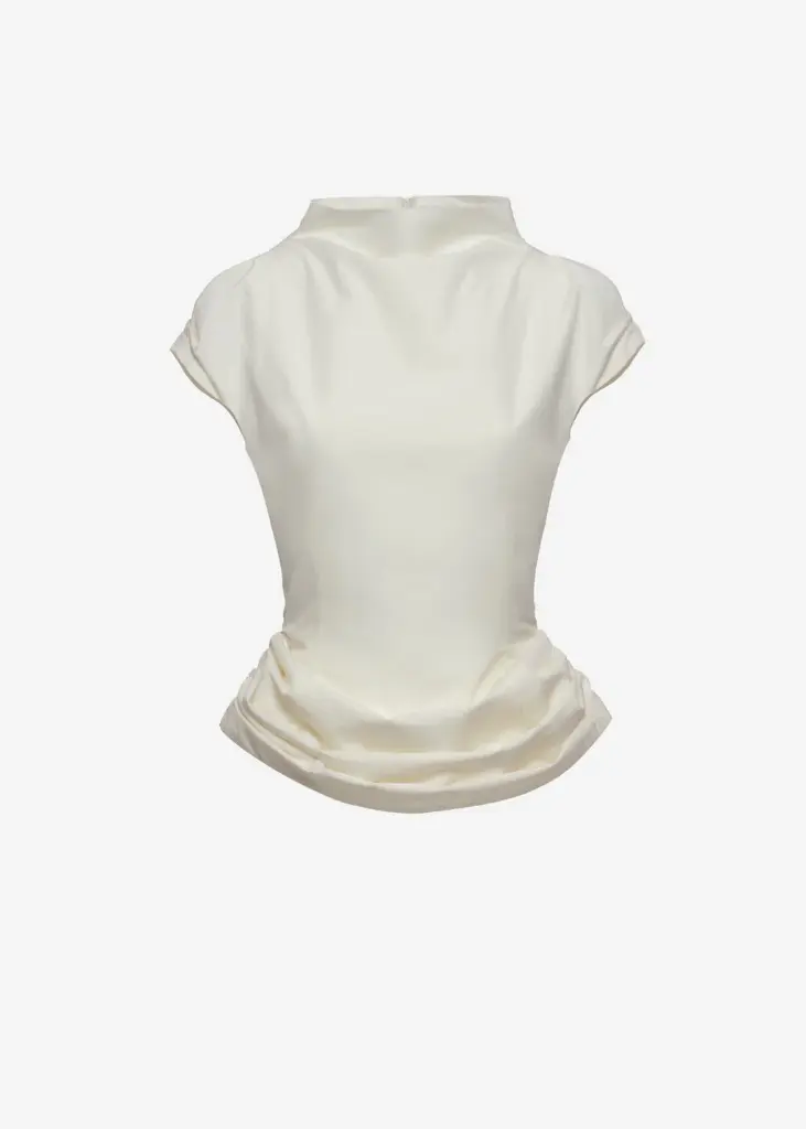 Fitted Draped Blouse with Stand Collar in Cream