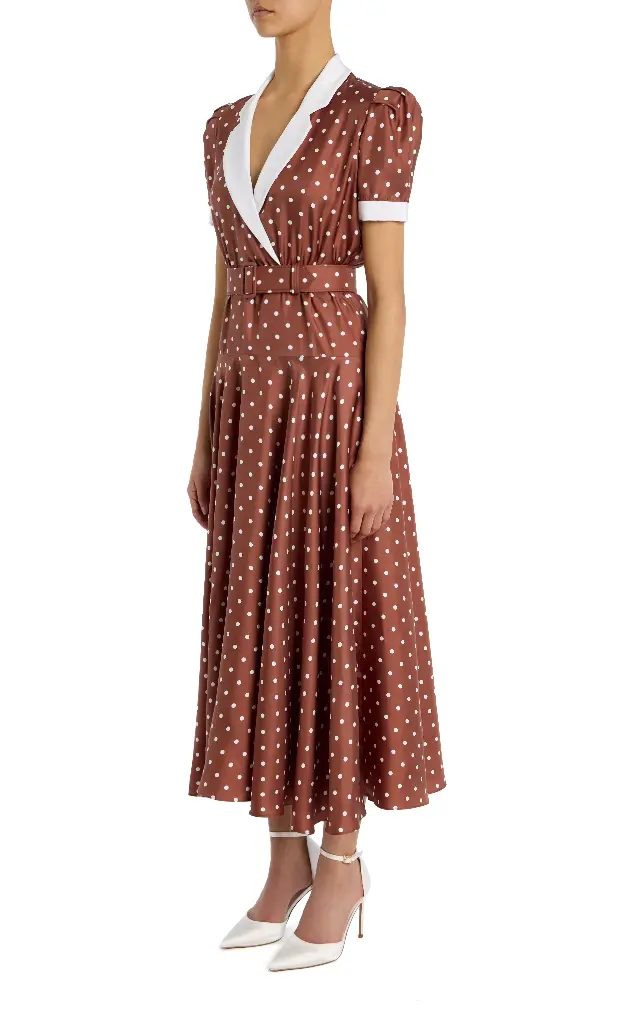 Polka Dot Printed Silk Twill Collared Dress With Belt