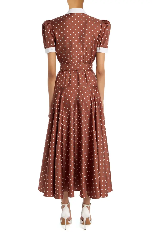 Polka Dot Printed Silk Twill Collared Dress With Belt
