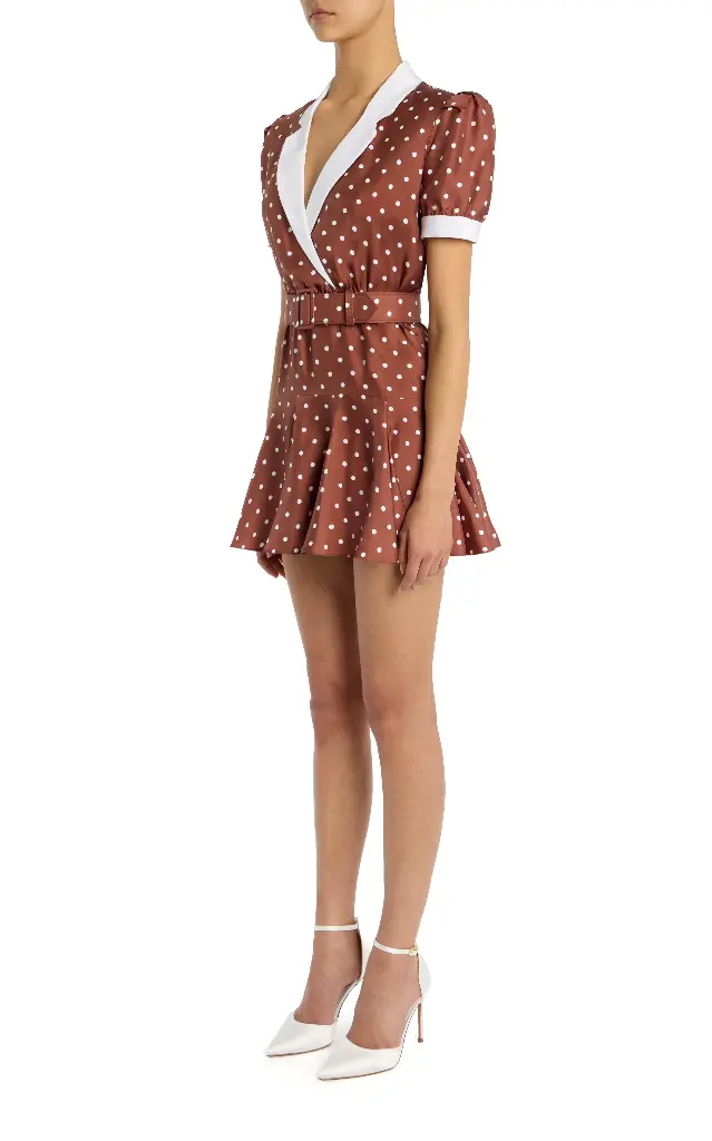 Polka Dot Print Silk Twill Collared Mini Dress With Belt