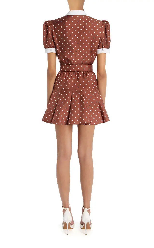 Polka Dot Print Silk Twill Collared Mini Dress With Belt