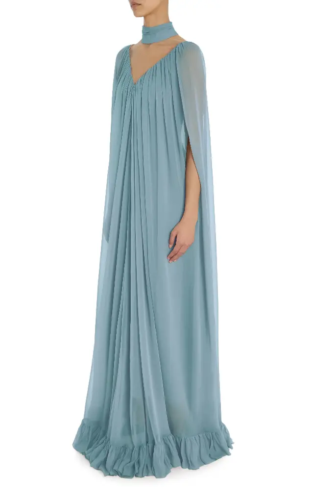 Blue Silk Chiffon Cape Gown with Ruffle Detail