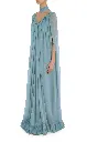 Blue Silk Chiffon Cape Gown with Ruffle Detail