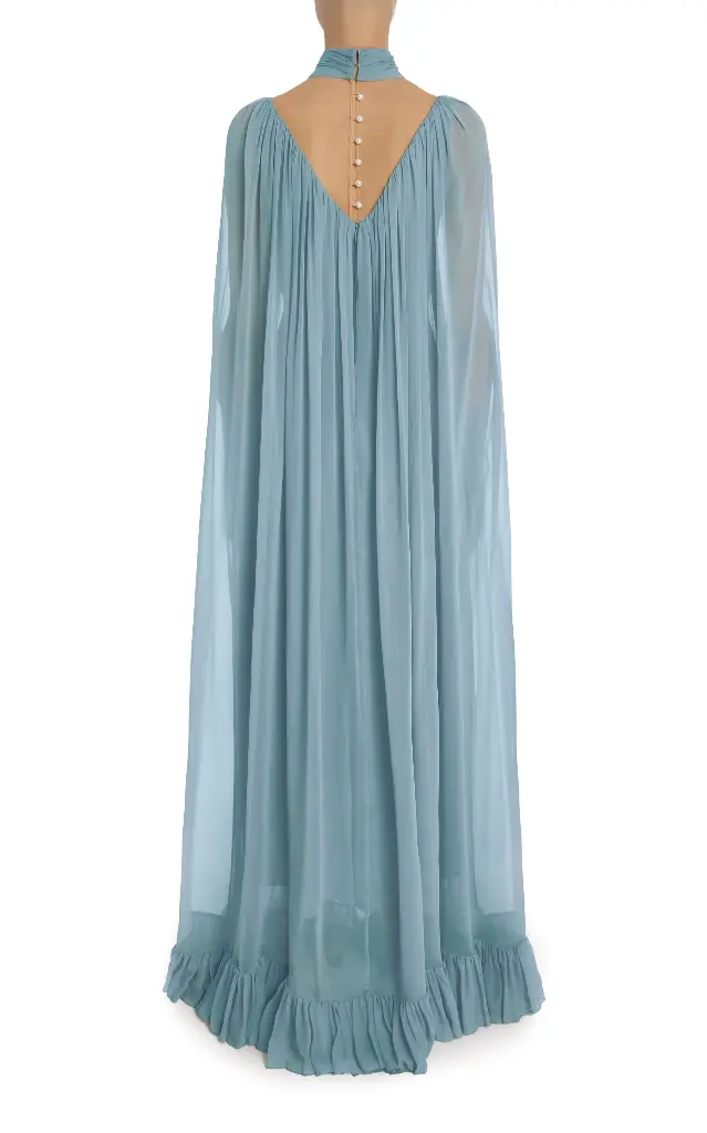 Blue Silk Chiffon Cape Gown with Ruffle Detail