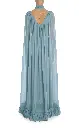 Blue Silk Chiffon Cape Gown with Ruffle Detail