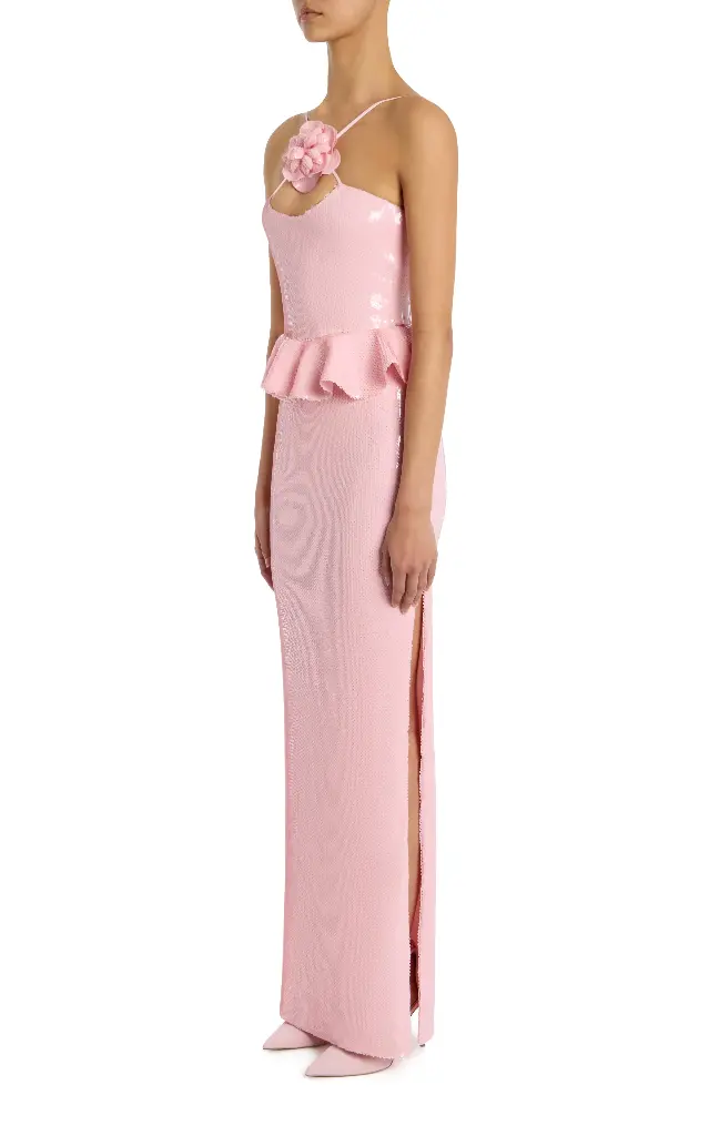 Pink Sequin Peplum Gown With Sequin Flower Pin