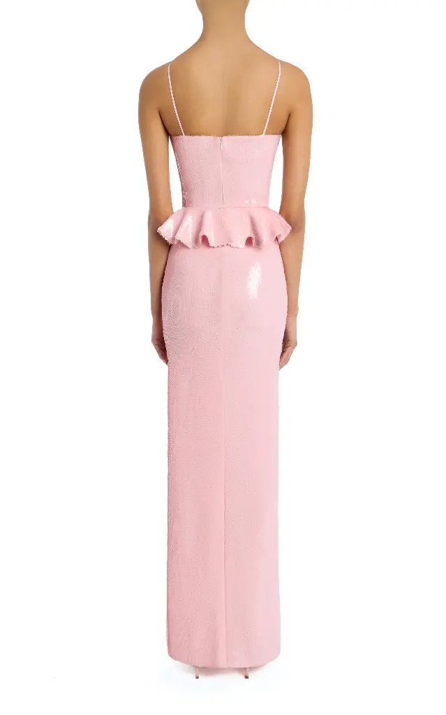 Pink Sequin Peplum Gown With Sequin Flower Pin