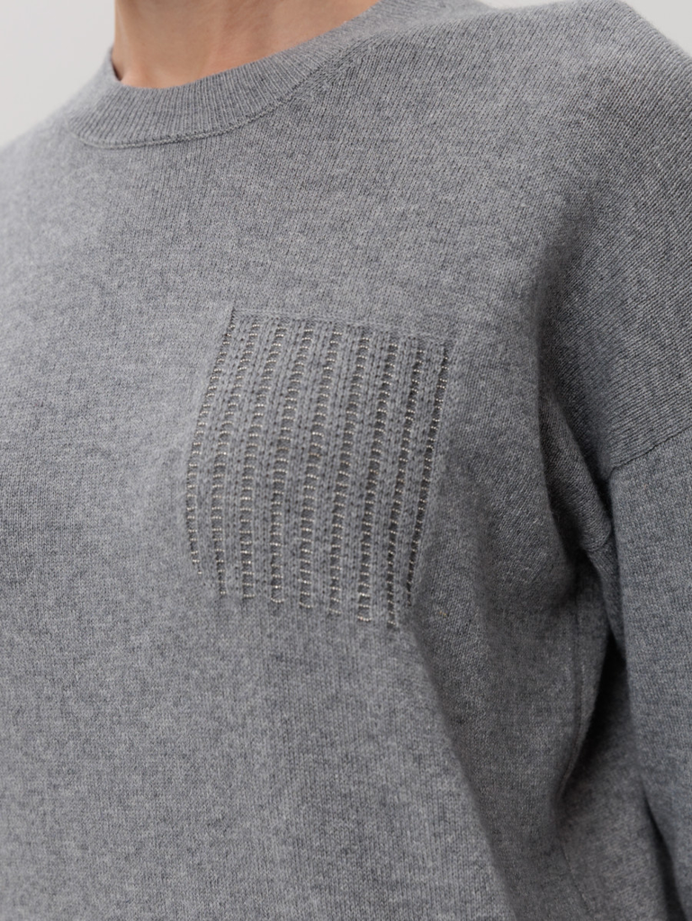 Crewneck Pearl-Embroidered Pullover in Virgin Wool Silk and Cashmere