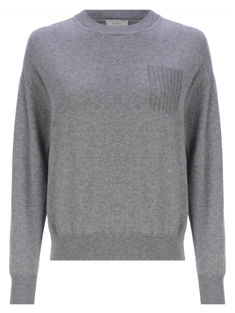 Crewneck Pearl-Embroidered Pullover in Virgin Wool Silk and Cashmere