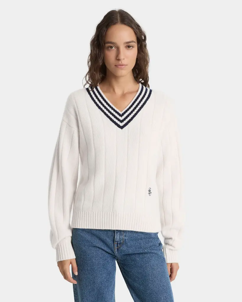 SCR Cricket Cashmere Sweater Cream and Blue