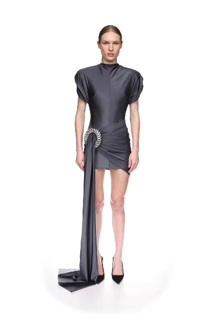 Drape Overlay Dress With Flat Crystal Spiral Embr