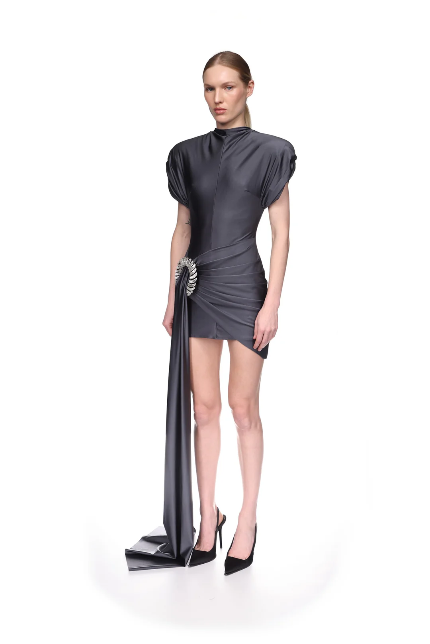 Drape Overlay Dress With Flat Crystal Spiral Embr