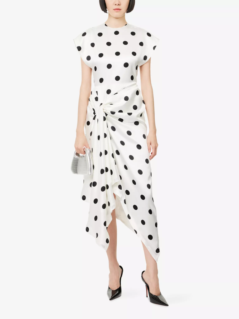 Polka Dot Print Midi Dress With Front Drape