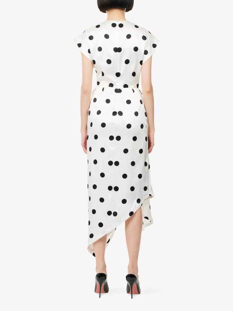 Polka Dot Print Midi Dress With Front Drape
