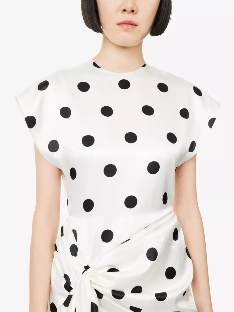 Polka Dot Print Midi Dress With Front Drape