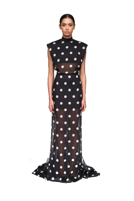 Polka Dot Printed Chiffon Gown With Open Back