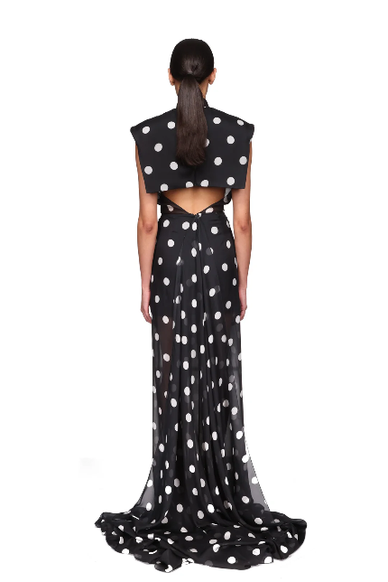 Polka Dot Printed Chiffon Gown With Open Back