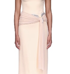 Ruched Fabric Overlay Hummingbird Embr Midi Dress Peach/Silver