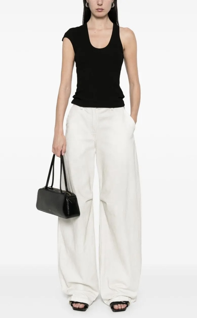 U Shape Neckline Asymmetric Sleeve Tank Top Rib Jersey Black