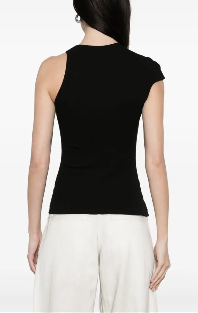 U Shape Neckline Asymmetric Sleeve Tank Top Rib Jersey Black